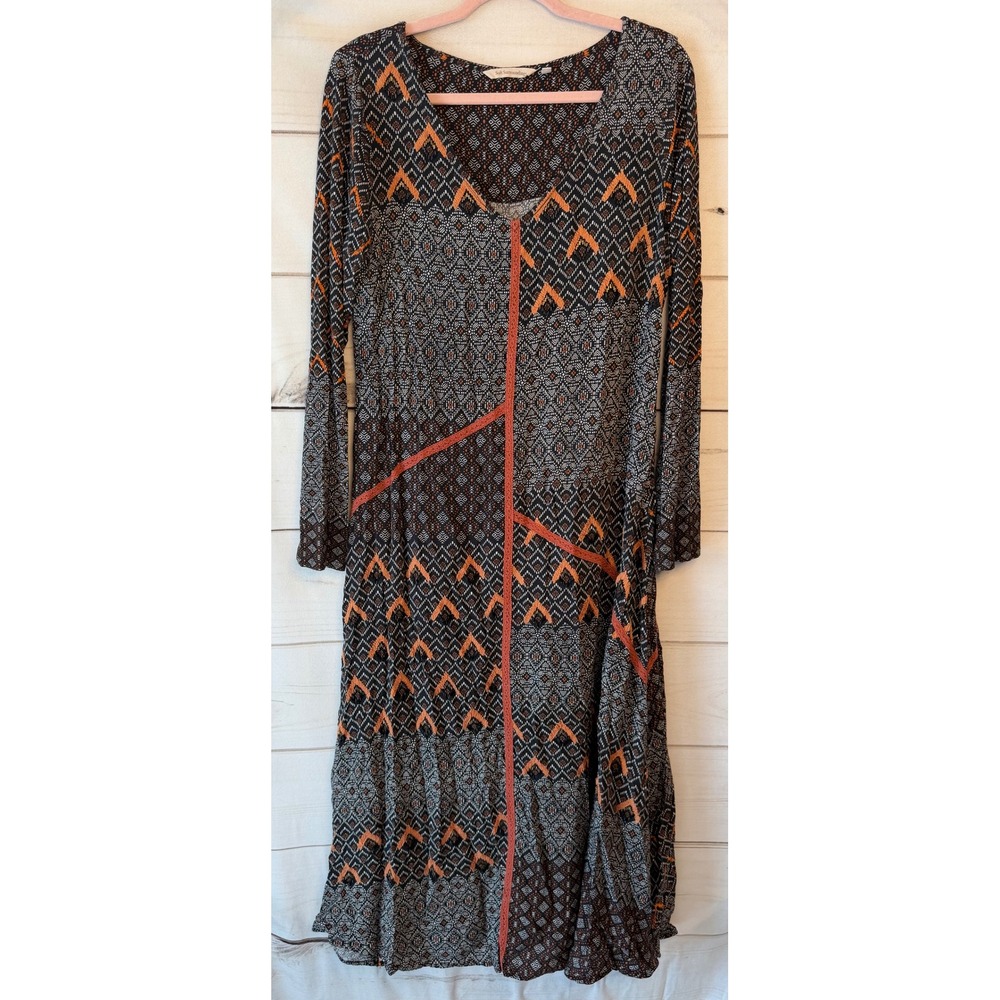 Soft Surroundings Boho Geometric Patchwork Knit Midi Dress Orange Black Medium